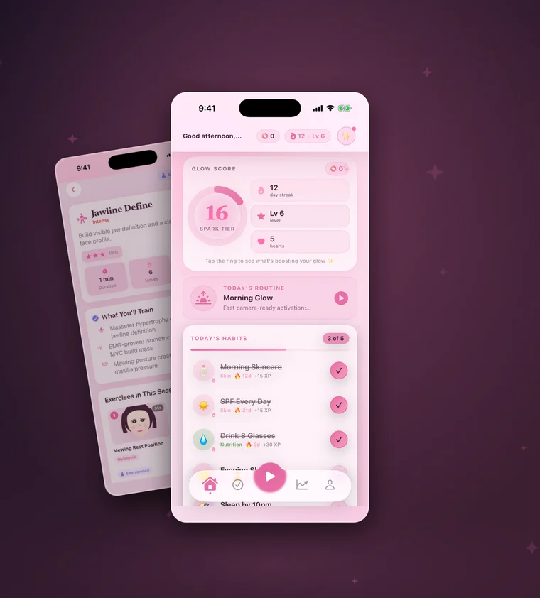 Glowera on iPhone: the home screen with your Glow Score, today's routine and daily habits, with a guided practice session behind it.