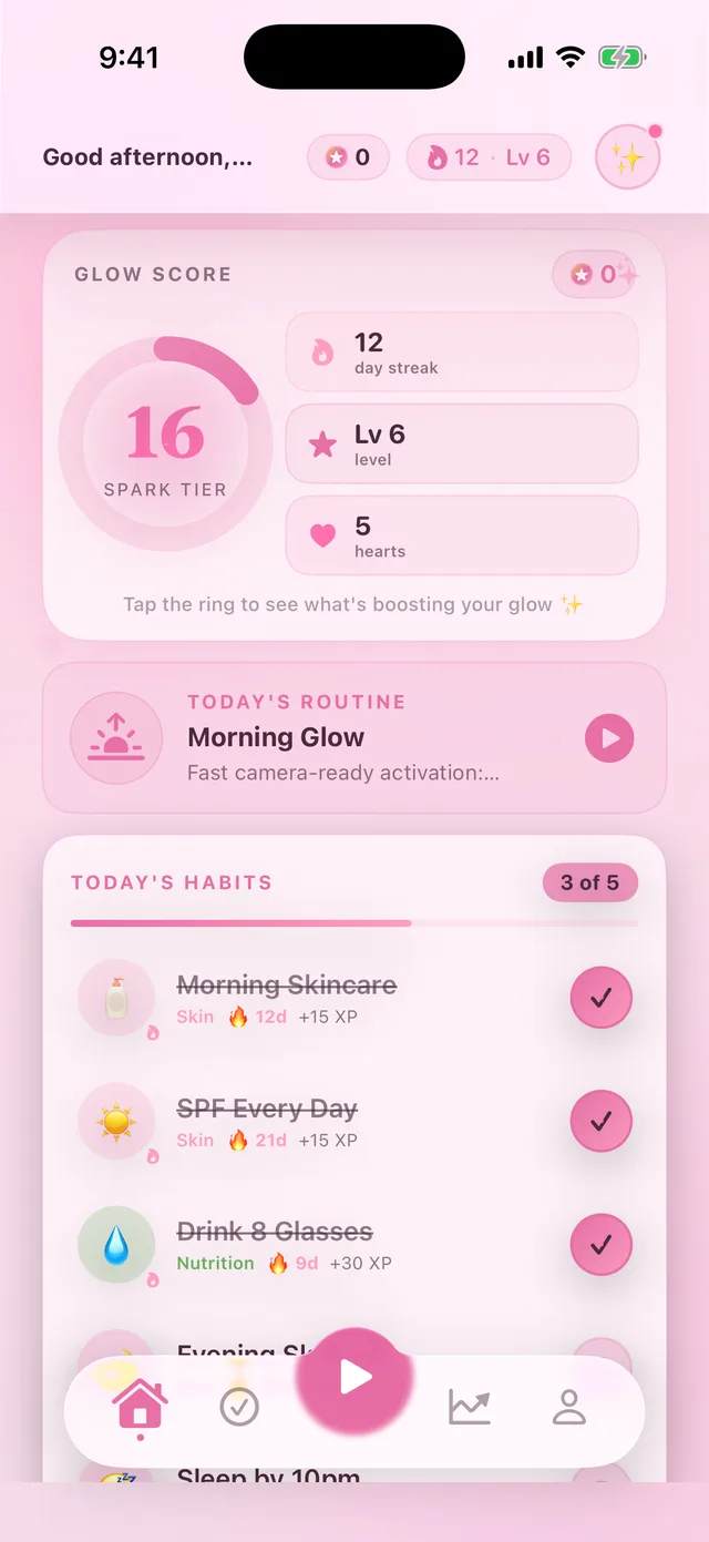 Glowera home screen: Glow Score, today's routine, and daily habits